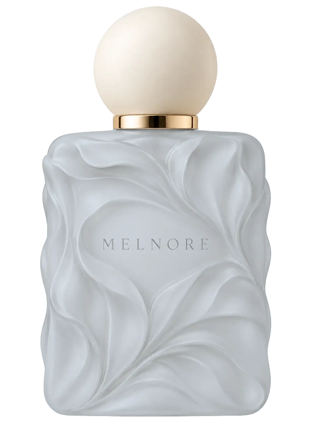 Cotton Bliss — sculptural MELNORE bottle with ivory spherical cap and champagne-gold collar