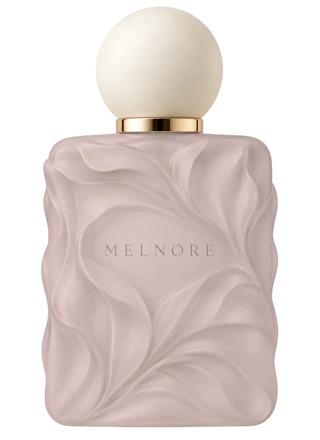 Rose Élégance — sculptural MELNORE bottle with ivory spherical cap and champagne-gold collar